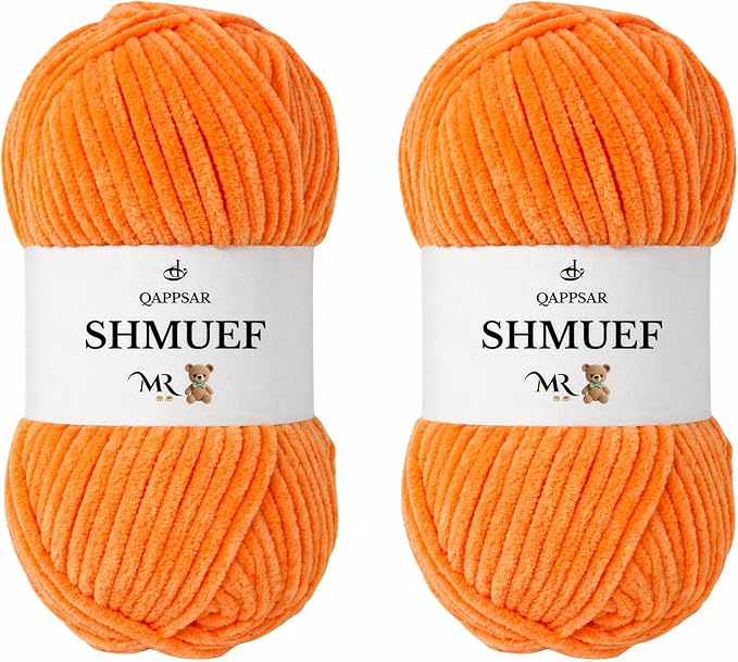 SHMUEF Chenille Yarn 2-Pack – Ultra Soft Velvet Yarn, Super Bulky Weight (5–6 mm), Yarn for Crochet, Amigurumi & Baby Blankets (Orange)