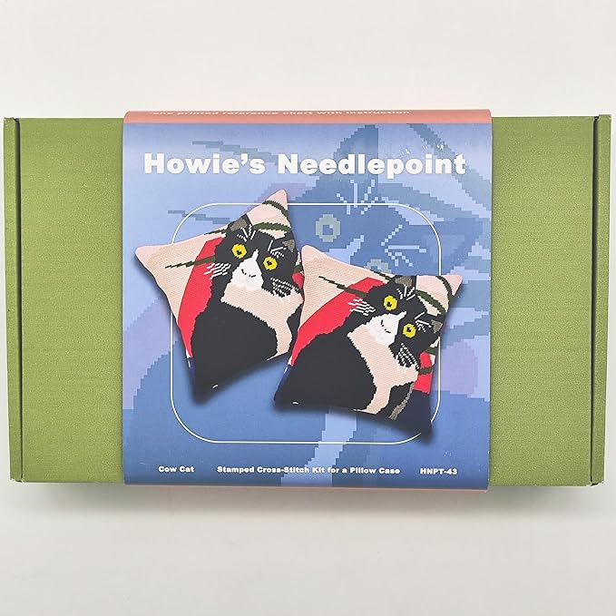Howie's Needlepoint Needlepoint Kits for Adults, Pillow Front Cross Stitch Kit with Embroidery Pattern on Canvas, Yarn, 2 Needles and Instruction, 16 x 16inch(Cow Cat)