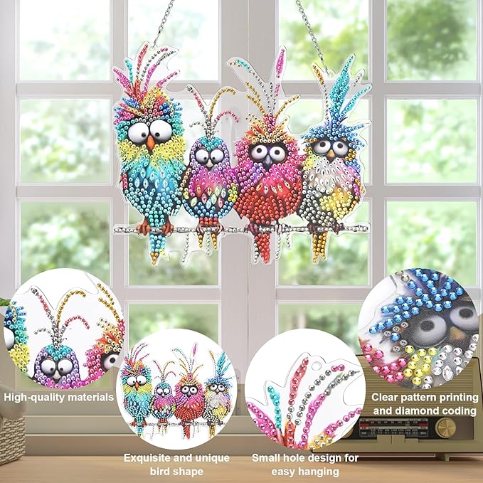 MUNORIAY Diamond Art Hanging Kit for Adult,DIY Acrylic Double Sided Bird Diamond Art Painting Window Suncatchers Pendants,Diamond Hanging Kit Crystal Gem Art Craft for Home Garden Wall Decor