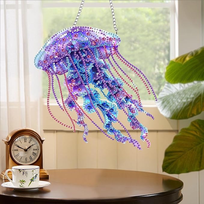 Yomiie Jellyfish Sun Catcher Window Hanging - DIY Double Sided Marine Life Diamond Painting Pendant Kit, Acrylic Diamonds Art Ornament for Front Door Sign & Indoor/Outdoor Garden Decor(8x8 inch)