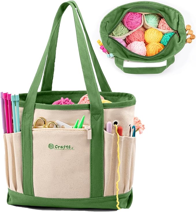 Canvas Yarn Storage Organizer Bag Washable Crochet Bag with Pockets for Yarn, Hooks, Needles – Travel Knitting Tote for Crafters – Gift for Crocheters & Knitters (Medium/Large)