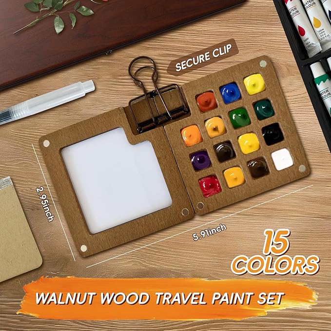 Mini Watercolor Paint Set, 24 Colors Travel Watercolor Kit with 15 Grids Walnut Wood Palette, Water Brush, Sketchbook & Clip | Portable Pocket Painting Set for Adults, Beginners, Artists, Students