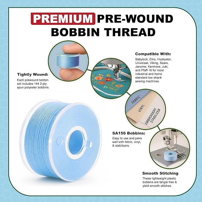 Mandala Crafts 144 Light Blue SA156 Prewound Bobbins for Singer Sewing Machine -15J SA156 Prefilled Bobbin Thread for Brother Sewing Machine and Embroidery
