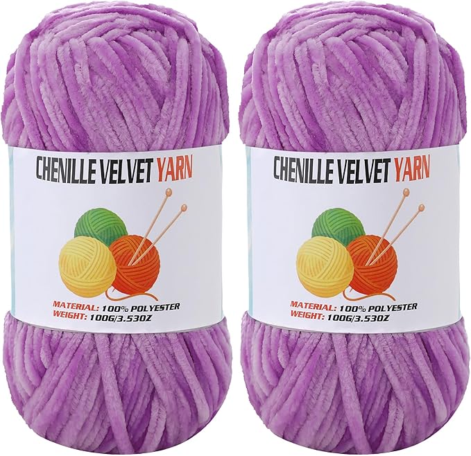 2 * 100g Velvet Chenille Chunky Yarn, Handcrafts Weaving Soft Chenille Yarn for Crocheting Clearance, Used for Making Baby Yarn Blanket, Clothes, Knitting Creations (Light-Purple)