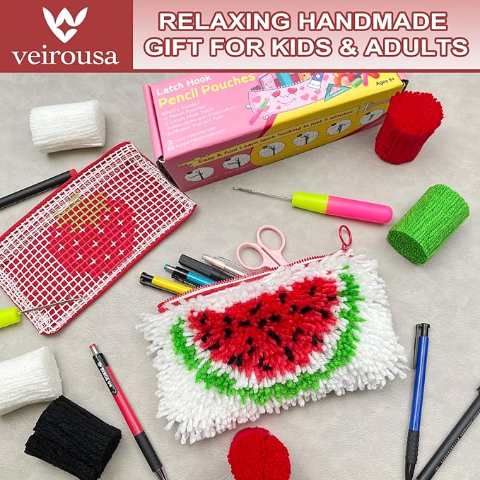 veirousa Strawberry & Watermelon Latch Hook Pencil Case Kit for Adults Beginners, Flully Fruit DIY Craft Pencil Pouch for Girls Boys 2 Pack Set