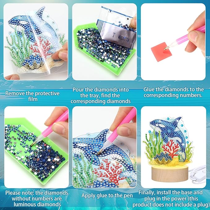 Chunful 13 Pcs Interchangeable Ocean Diamond Art Tabletop with Wooden Light Base Summer Ocean Animal Diamond Tabletop Decor DIY Blue Theme Diamonds Painting Kit for Home Office Tiered Tray Table Decor