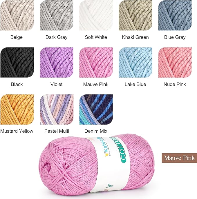 Katech Pure Cotton Yarn for Crocheting & Knitting–Soft Sport Weight CYC #2, 6 Skeins (50g Each, 300g Total), Ideal Crochet Yarn for Dishcloths, Baby Clothes, Socks, Lightweight Scarves（Mauve Pink）