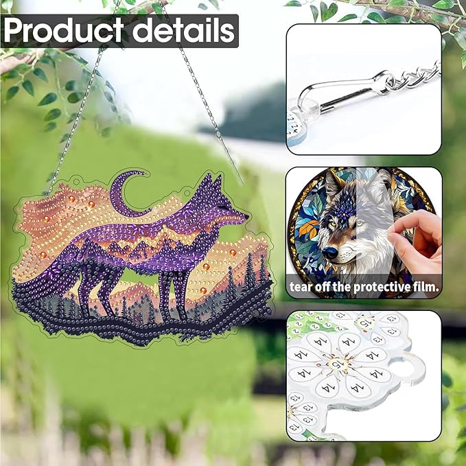 SKRYUIE Wolf Hanging Diamond Art Kits for Adults Pendant Suncatcher, Special Shaped Crystal DIY Pearl Diamond Painting Kit, Gift for Mother Spring Summer Window Wreath Decor 5.12 x 7.49 Inch D9