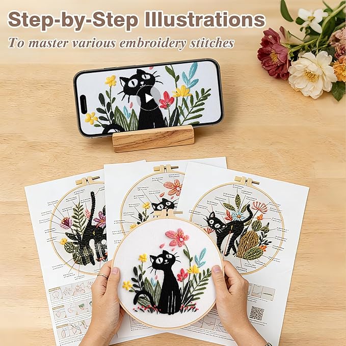 RIHYTFU 3 Pack Cat Embroidery Kits for Beginners, Adults Starter Cross Stitch Kit, Black Cat Flower Plants Patterns Hand Stamped Embroidery Kits, DIY Sewing Needlepoint
