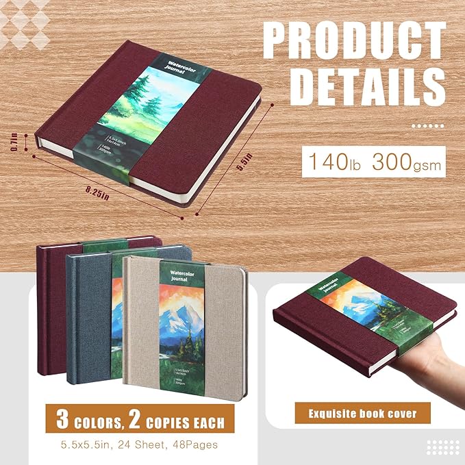 Mooliwe 6 Pcs Watercolor Sketchbook Journal Small Paper Watercolor Journal Bulk for Painting 300 GSM 140 LB Cotton Cold Press for Gifts(5.5" X 5.5",Retro Color)