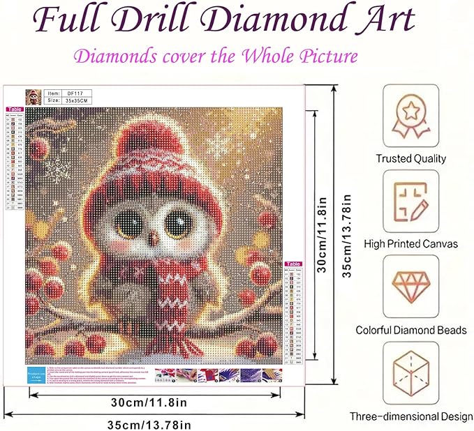 DIYDECORFUN Owl Diamond Painting Kits for Adults Beginners,DIY 5D Winter Diamond Art Kit with Full Round Drill,Adult Paint with Diamond Small Gem Painting Art for Home Decor Gift 14X14 Inch