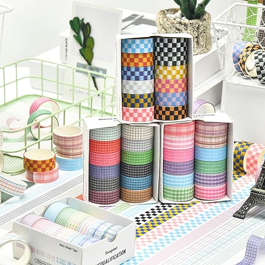 12 Rolls Grid Washi Tape Set Plaid Arts Adhesive Tapes Basic Patterns Decorative Masking Tape Sets for Craft, Kids, Scrapbook, DIY, Gift Wrapping (Style Four)