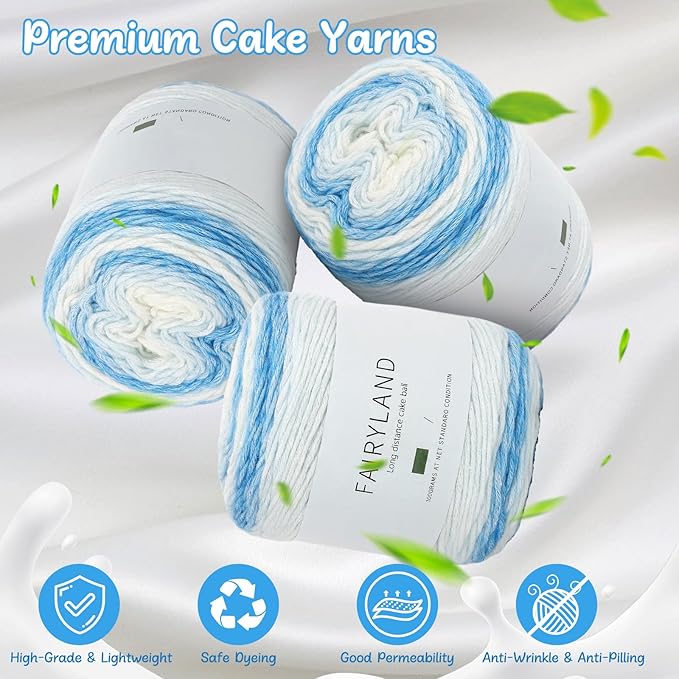 Aeelike Gradient Yarn for Crocheting, 3 Skeins Cake Yarns 100g (3.52 oz) 245m (267 Yards) # 3 Light Weight Super Soft Ombré Yarns for Making Blanket Scarves Sweaters, Blue White Gradient