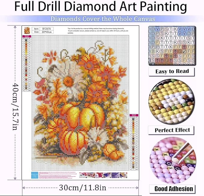 Pumpkin Diamond Art Kits for Adults-DIY 5D Fall Diamond Painting Kits for Adults Beginners, Full Drill Paint with Diamonds Art Painting Thanksgiving Flowers Crafts for Home Wall Art Decor 12x16in