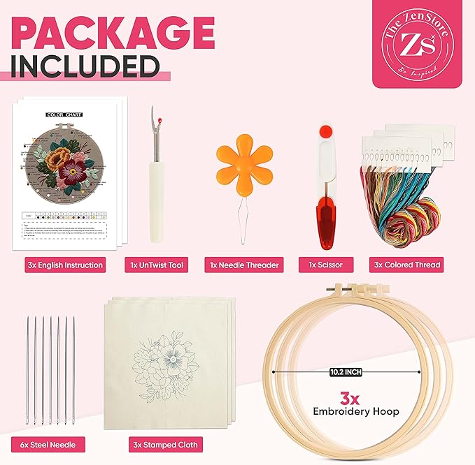 The ZenStore Birds & Flowers Embroidery Kit for Adults – Beginner DIY Hand Embroidery Set with Hoop, Stamped Fabric, Thread & Needles – Floral and Plant Pattern Sewing Craft Kit for Women & Teens