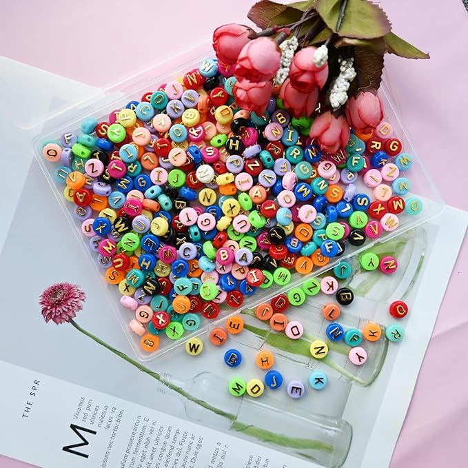 Amaney 500pcs Big Colorful Letter Beads 10x6mm Alphabet Round Flat Beads for DIY Craft Making