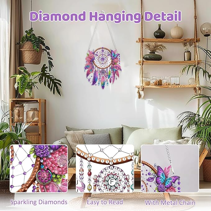 MEIYUDA Dreamcatcher Diamond Art Hanging Kits for Adult, Pink Dreamcatcher Diamond Painting Hanging Kits Ornaments, DIY Special Shaped Rhinestone Window Pendants kit for Home Garden Wall Decor Gift