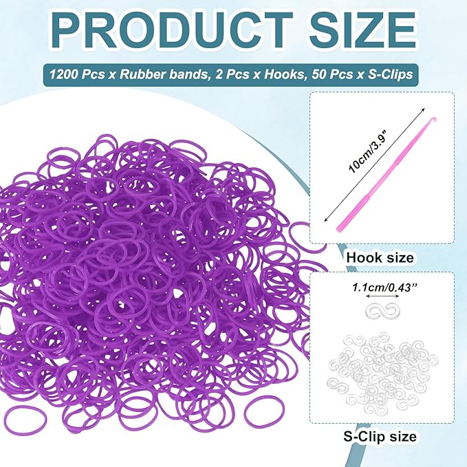 MECCANIXITY 1200 Pcs Loom Rubber Bands Kit with 50 Pcs S-Clips 2-Hooks Rubber Bands Refill Bracelet Making Kits for Weaving DIY Handcrafts Gift, Fluorescent Purple
