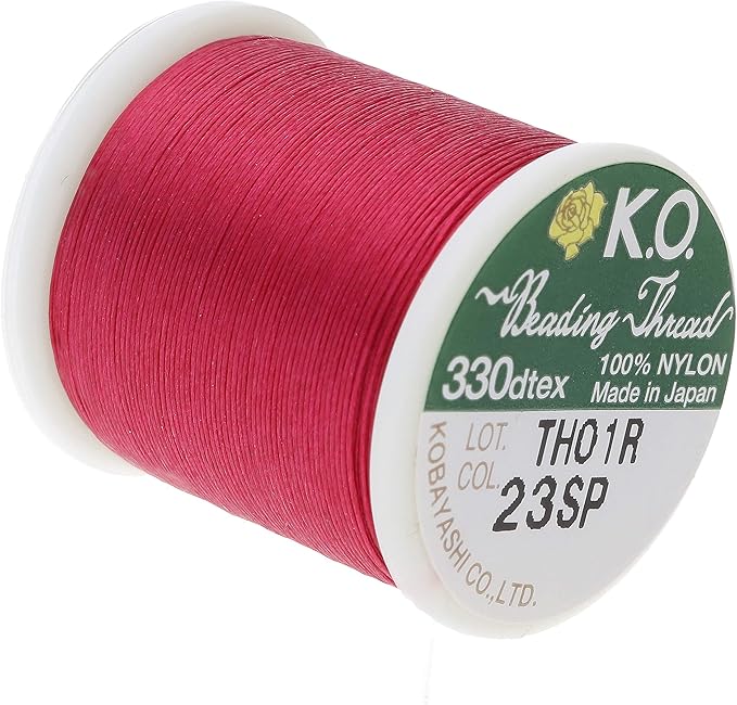 KO Nylon Beading Thread, Scarlet Pink Color, Japanese Pre-Waxed 100% Nylon, 330TEX, Tangle Resistant Knotting Cords, 50m /55 yds Spool, Use for Seed Bead Projects, Loom Work & Bead Weaving