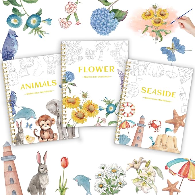 3Pcs Watercolor Workbook - Coloring Book for Beginner, Coloring Books for Adults with Step by Step,3 Essential Adult Coloring Book Themes, Exploration Gift for Adults Teens