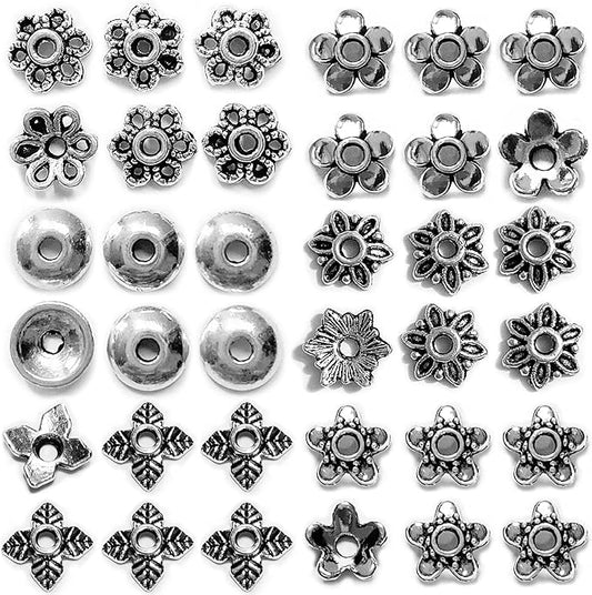 Sparkling Charms Antique Spacer Bead Caps – Mixed Bali & Tibetan Style Metal End Caps for Jewelry Making, Fits 8–14mm Beads, Silver Finish for Bracelets Necklaces Earrings DIY Crafts (Silver, 600pcs)