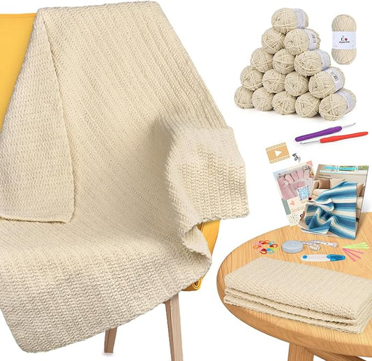 Aeelike Blanket Crochet Kit for Beginners, Easy Crochet Blanket Kit with Soft Chenille Yarns Detailed Instruction Crocheting Accessories Complete Beginners Crocheting Kits, Khaki