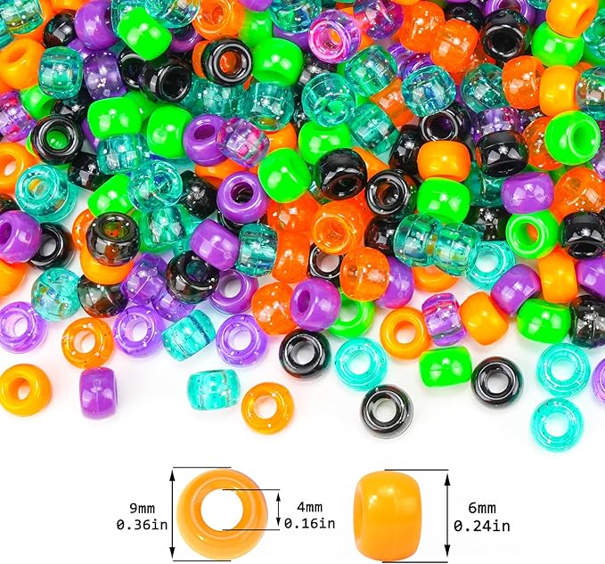 1000Pcs Halloween Pony Beads Bulk – 6x9mm Kandi Beads in Orange, Black, Purple, Green for Bracelets, Hair Braids, Jewelry Making, DIY Crafts, Party Supplies