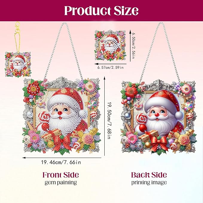 Masendp DIY Christmas Diamond Art Painting Garland Set, Special Shape Rhinestone Hanging Decoration Diamond Art Window Pendant Gift Home Garden Wall Hanging Kit, Double Sided (Santa Claus)