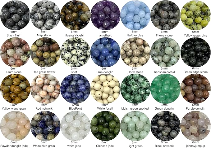 1260pcs 6mm Natural Round Stone Beads,Multiolor Crystal Energy Stone,Loose Gemstone Accessories Hole Size 1mm,DIY Smooth Beads Necklace Bracelet for Jewelry Making (6mm 28Color 01 Material-A)
