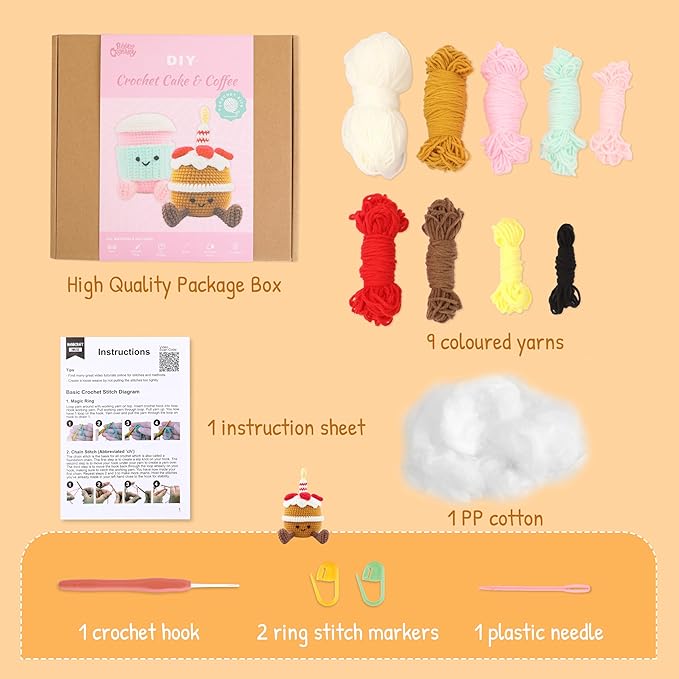 HOUSE CREATIVITY Crochet Kit for Beginners – Create a Cute Cake & Coffee Scene, Amigurumi Crochet Starter Kit with Video Tutorial, Yarn & Hook, DIY Dessert Desk Decor for Coffee Lovers
