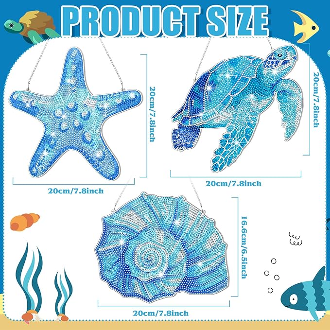Yuefunny 3 Pcs Ocean Diamond Painting Hanging Kits, 5d DIY Coastal Diamond Art Turtle Starfish Door Sign, Summer Beach Hanging Decor for Home Garden Wall Window Under The Sea Party Favors