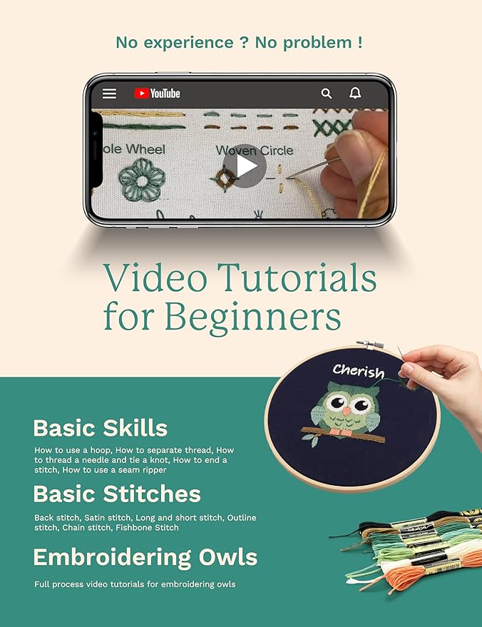 bradove embroidery kit for kids and adults, owls embroidery kit for beginners, easy needlepoint starter kit with 2 display stands