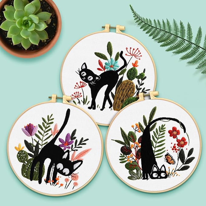 ERKOON Embroidery Kit for Beginners, 5 Sets Flower Cross Stitch Set for Adults Include Embroidery Cloth Hoops Threads for Craft Lover Hand Stitch with Skill Techniques (Black Cat)