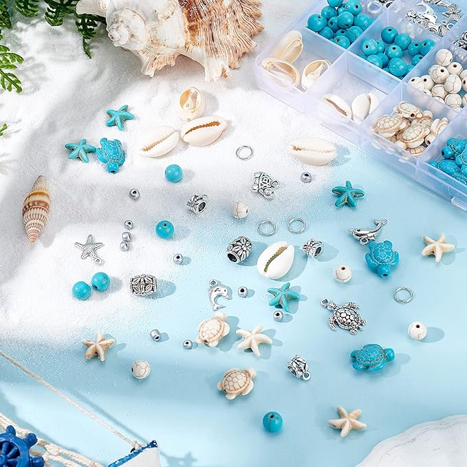 PH PandaHall 292pcs Turquoise Jewelry Making, Boho Ocean Beach Shell Bead Charms Starfish Mermaid Turtle Beads Summer Sea Dangle Pendant for Gift Bracelet Necklace Earring Anklet Craft Jewelry Making