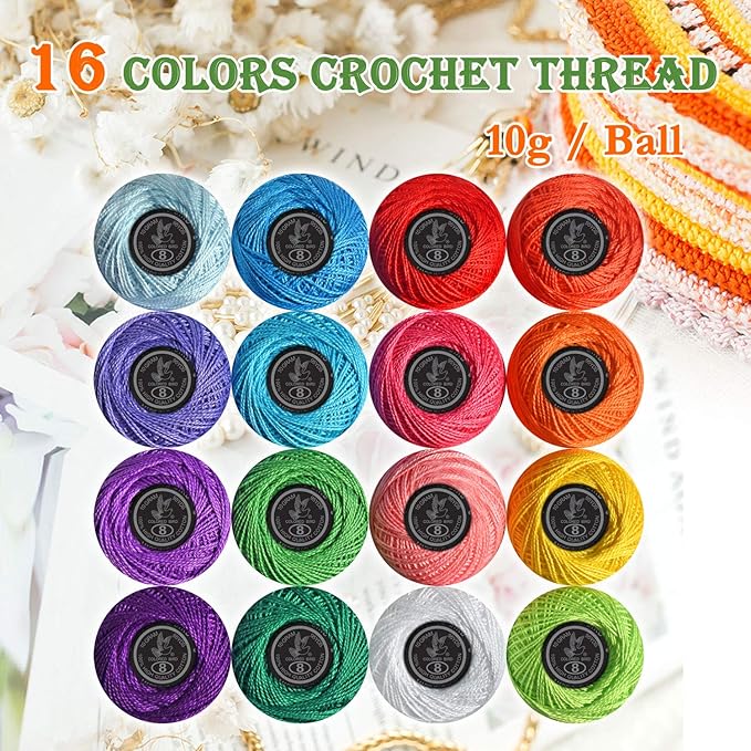 colored bird 16 Colors Crochet Thread Craft Yarn for Knitting and Crochet | Includes Crochet Hooks, Weaving Needles, Locking Stitch Markers All Tool Need Perfect Beginner Kit