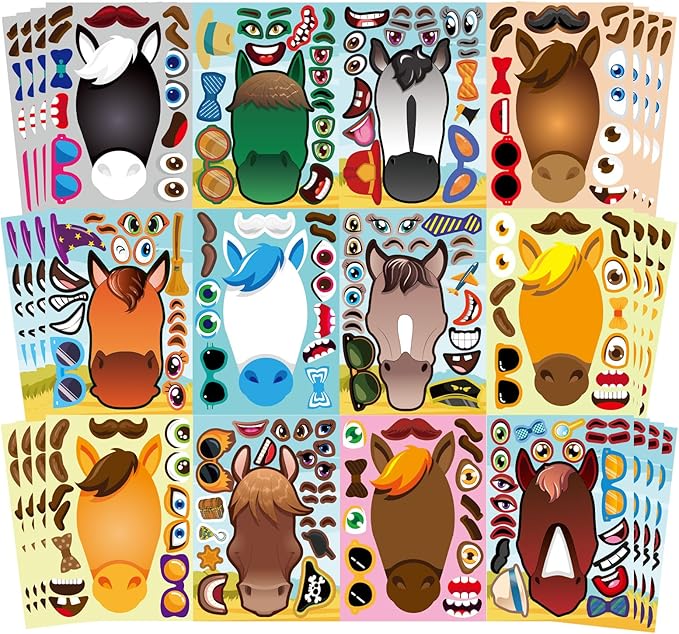 48 sheets make your own horse stickers for kids toddles, make a horse face stickers, birthday party favors supplies crafts