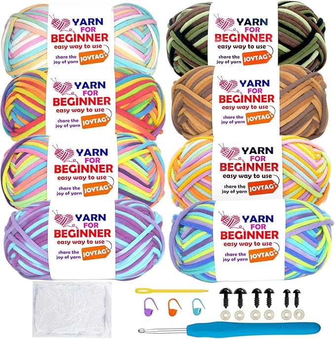 8 Pack Rainbow Cotton Crochet Yarn for Beginners - Knitting Kit With Easy-to-See Stitches (8x50g) - Rainbow Mix