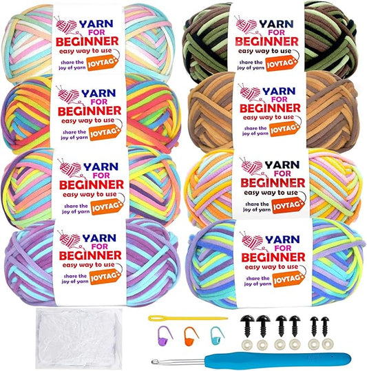 8 Pack Rainbow Cotton Crochet Yarn for Beginners - Knitting Kit With Easy-to-See Stitches (8x50g) - Rainbow Mix