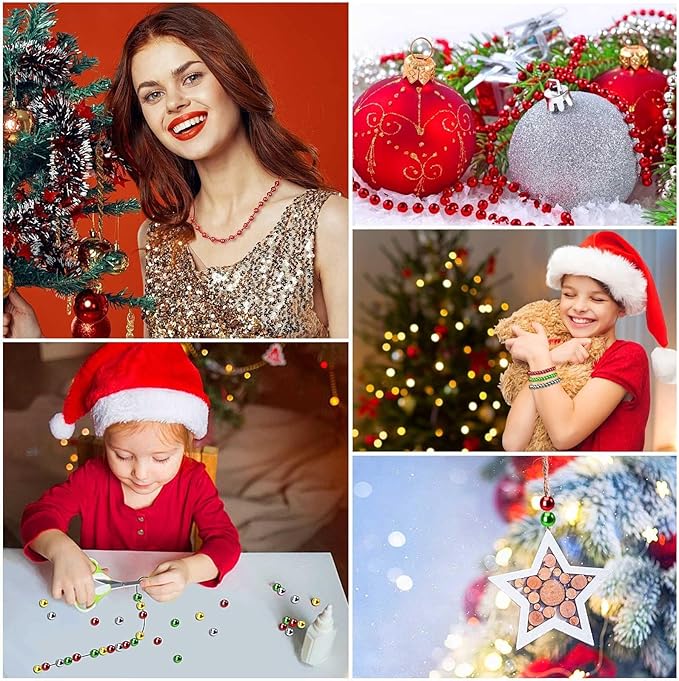UPINS 1500 Pcs Christmas Beads for Jewelry Making - 6mm Red, Green, Gold & Silver Round Spacer Beads DIY Craft Kit