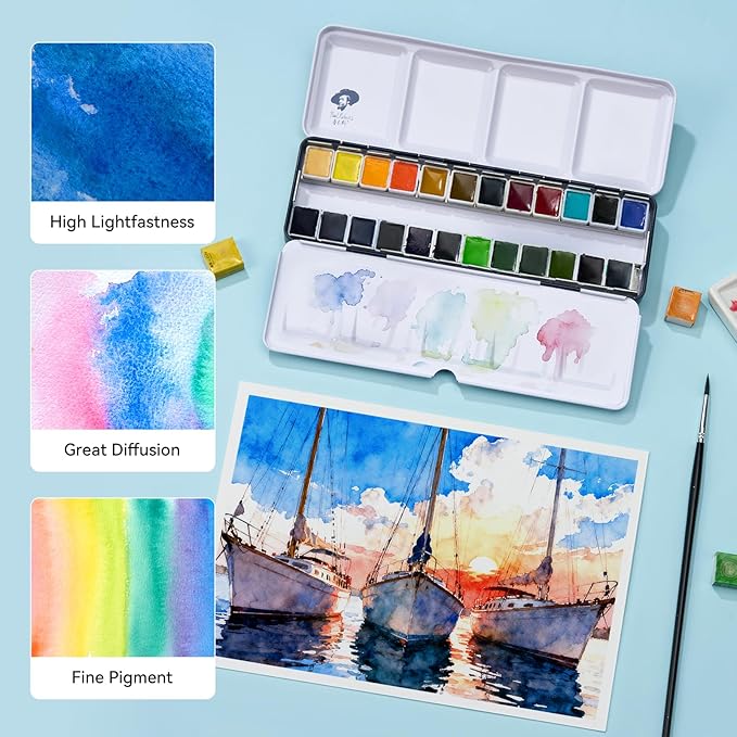 Paul Rubens Professional Watercolor Set - 24 Vibrant Ocean Colors for Seascape Painting, Artist-Grade Travel Watercolor Paints in Portable Metal Tin Box, Ideal for Artists, Beginners & Students