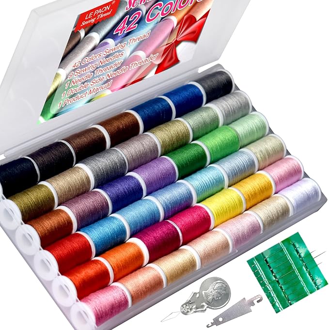 All Purpose Sewing Thread Set - 42 Assorted Rainbow Color Series and White Black Handy Polyester Thread Kit Includes 9 Hand Needles, 2 Needle Threaders, Suitable for Hand and Machine Sewing