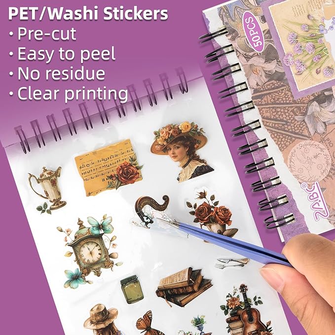 Uideyvi Pastoral Series Sticker Scrapbooking Supplies for Junk Journal, 25 Sheets Washi Stickers and 25 Sheets PET Stickers(TZ-010-003)
