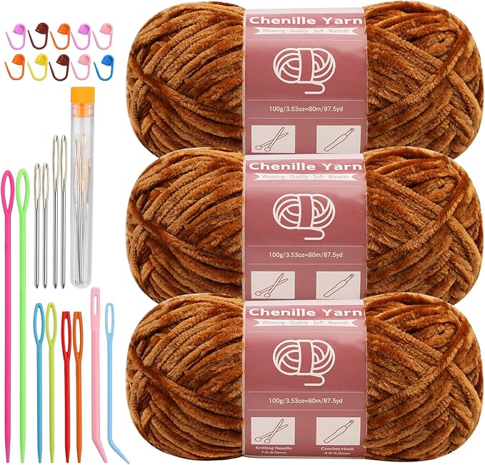 LUNARM Chenille Yarn for Crocheting Knitting, 3 Skein 263 Yard Thick Soft Chunky Fluffy Weaving Plush Yarn for Blankets Clothes Pattern Creations with Big Eye Needles (Khaki)
