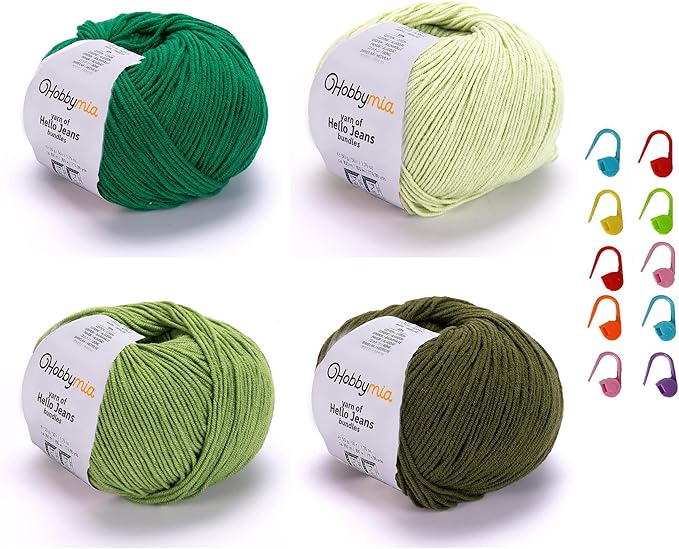 Cotton Yarn Kit - 4 Multicolor Balls Soft Sport Weight Yarn for Crochet & Amigurumi - 50g / 175yds Each & 10 Stitch Markers (H05 - Forest/Green)
