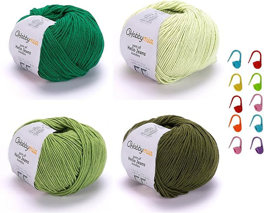 Cotton Yarn Kit - 4 Multicolor Balls Soft Sport Weight Yarn for Crochet & Amigurumi - 50g / 175yds Each & 10 Stitch Markers (H05 - Forest/Green)