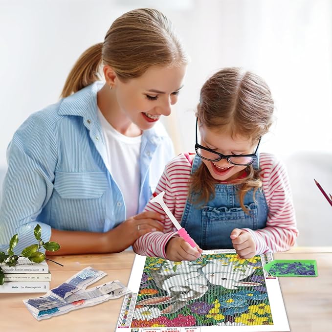 SENQAO Rabbit Diamond Painting Kits, 5D DIY Flowers Diamond Painting Kit Full Drill Diamond Art for Adults Kids Paint by Diamond Kits Easter Bunny Diamond Painting Rabbit 12x16inch