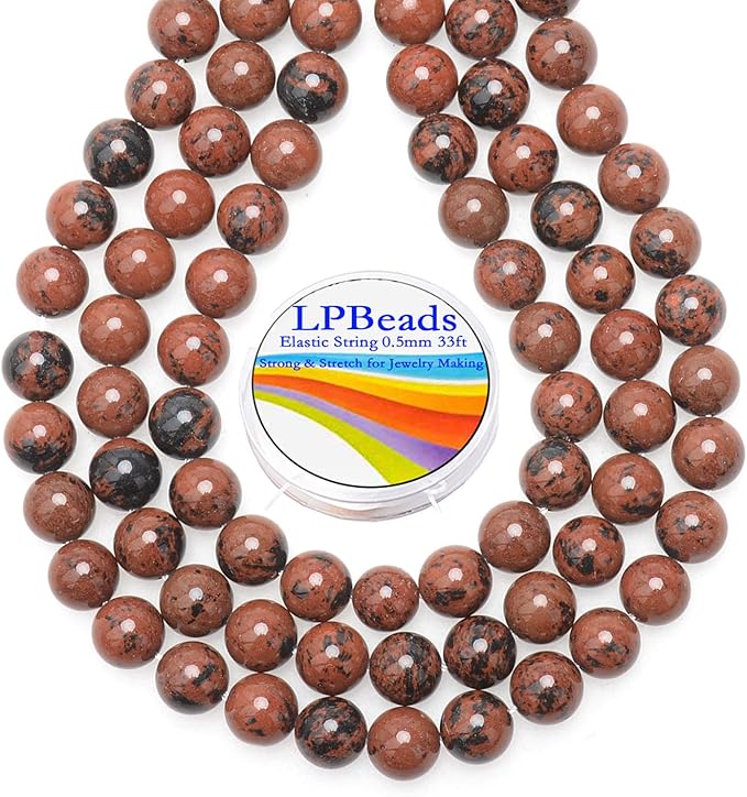 LPBeads 80Pcs Polished 10mm Round Natural Mahogany Obsidian Gemstone Loose Beads with Stretch Cord for Jewelry Making Bracelets