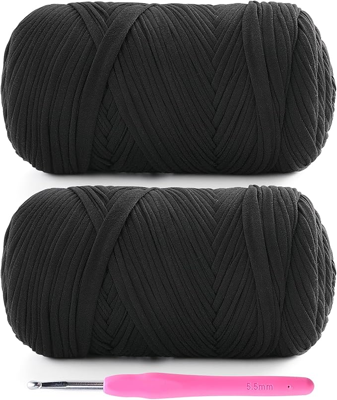2 Pack T-Shirt Yarn for Crochet - 800 g/260 yds Elastic Fabric T-Shirt Yarn with 1 Crochet Hook (2, Black)