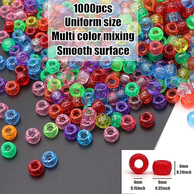 gmma clear glitter pony beads for friendship bracelets for jewelry making 1000 pcs 6x9mm transparent plastic colourful beads for diy bracelet necklace party decoration supplies