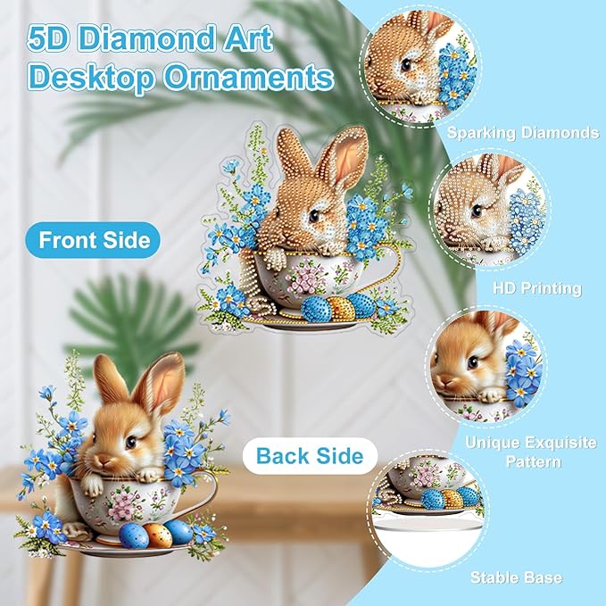 TOSTOG Rabbit Teacup Tabletop Diamond Art Kits for Adult, Desktop Diamond Painting for Beginners, 5D DIY Stand Up Crafts Gem Art, Waterproof Full Accessories for Home Decor Idea 20 * 20 cm/8 * 8 in